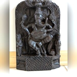 12"  X 8"  Solid Wood - Ganesh Statue Intricate Black Hand Carved Wall Art